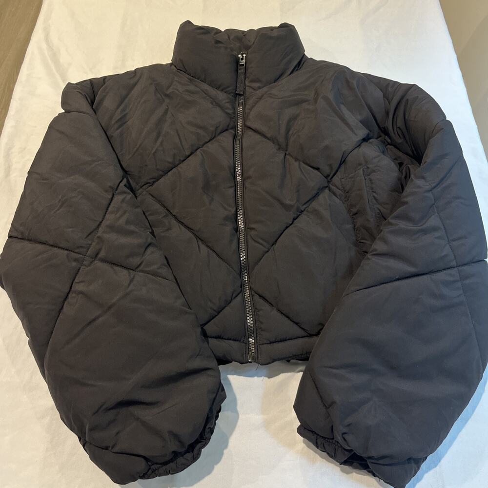 Love Tree Black Cropped Ribbed Jacket Womens Small Pocket Puffer Quilted